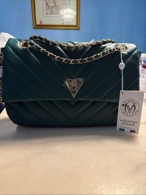 Valentino Orlandi Teal Quilted Chain Shoulder Bag with Gold Hardware